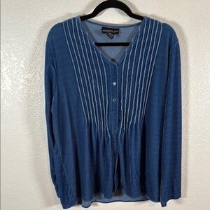Monterey Bay Blue Velvet Pin Tuck Button Down Blouse Size XL